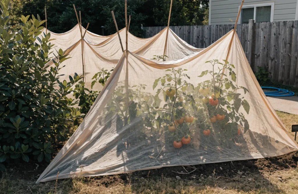 Tomatoes Not Ripening? 6 Reasons Why + How to Ripen Them Faster 6 Shade cloth protecting tomato plants from heat to help tomatoes ripen faster
