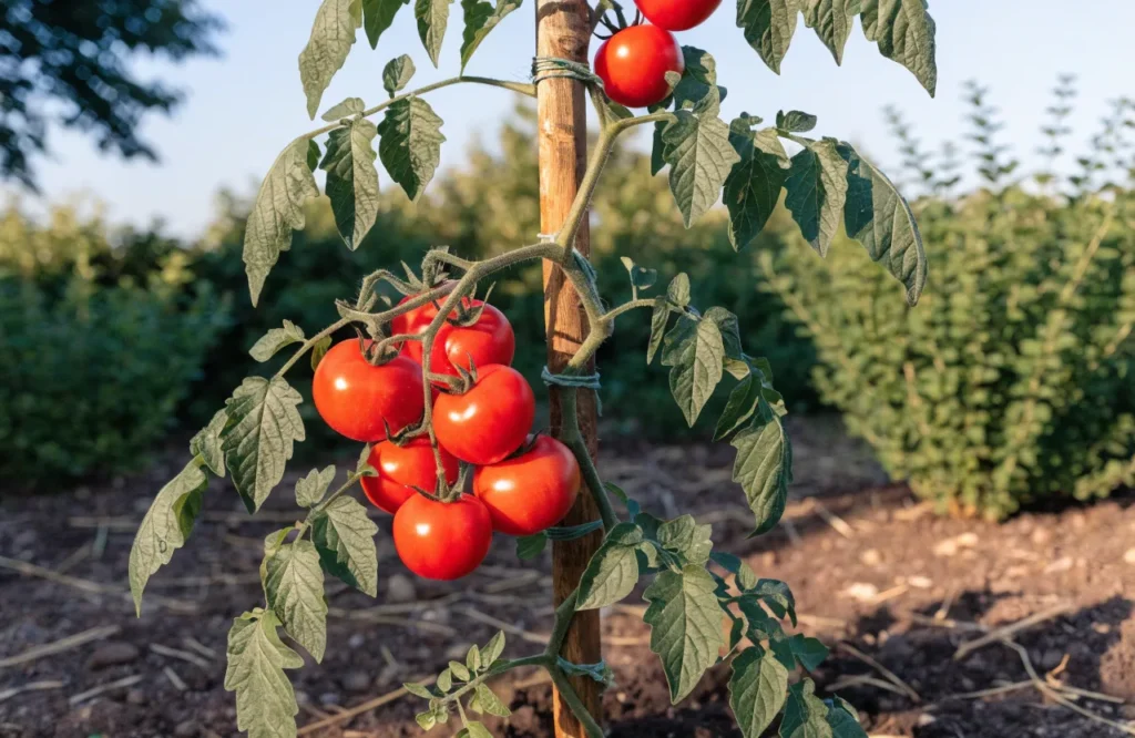 Single stake method showing how to stake tomato plants with one main stem tied to a sturdy wooden stake.