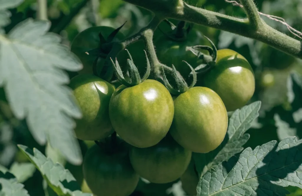 Small green tomatoes forming in a cluster on the vine