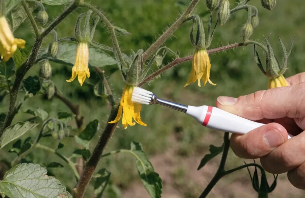 Hand-pollinating a tomato flower with an electric toothbrush to fix blossom drop