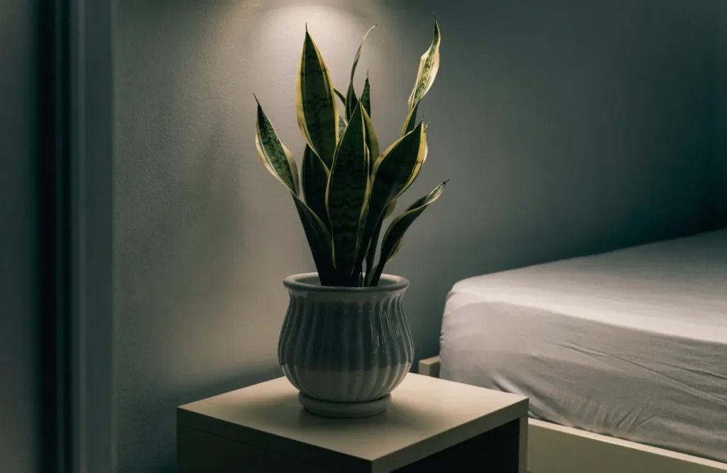 12 Best Plants for Dark Rooms With Little to No Natural Light 3 Snake plant growing in a dark bedroom with little natural light