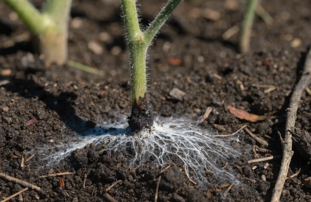 Southern blight stem lesion with white fungal growth at soil line