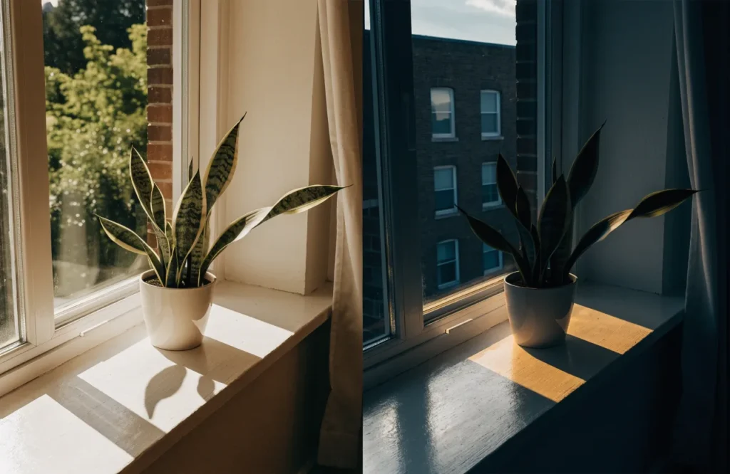 Same low light plant corner shown in summer and winter light conditions