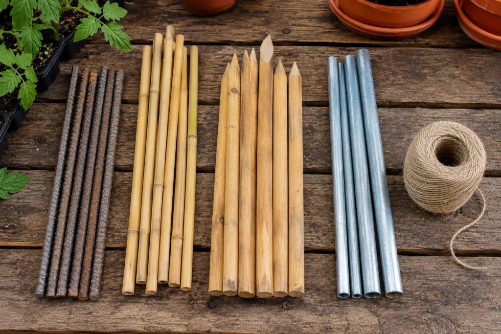 Comparison of tomato stake materials including rebar, bamboo, wood, and metal pipe

