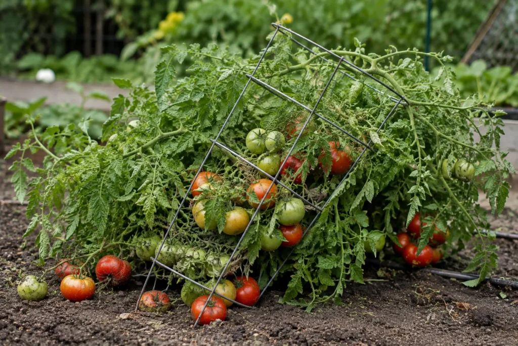  Tomato plant with an undersized cage tipped over from the weight of the fruit
