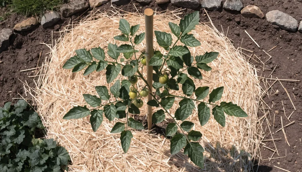 Straw mulch applied around a tomato plant's base to retain soil moisture