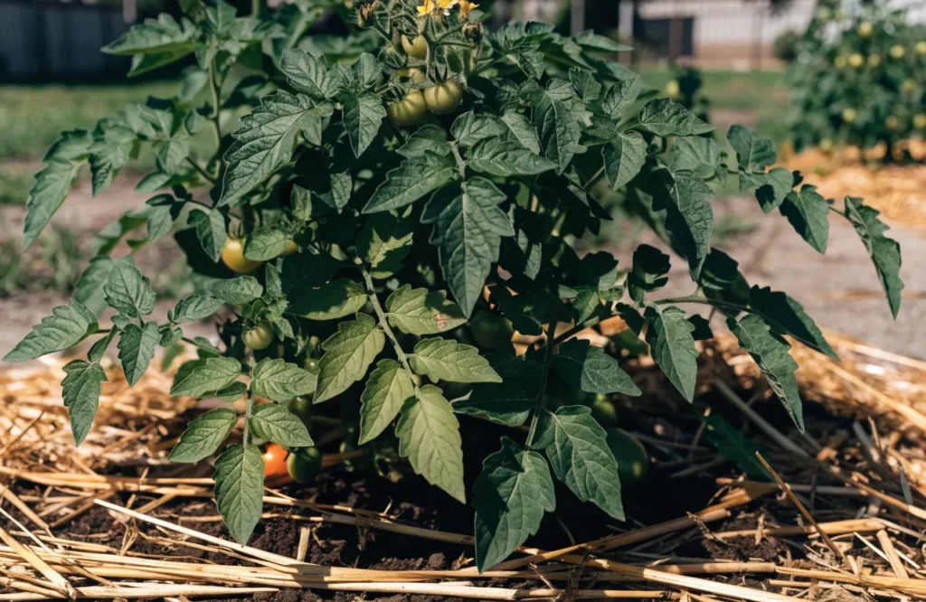 tomato plant surrounded by straw mulch