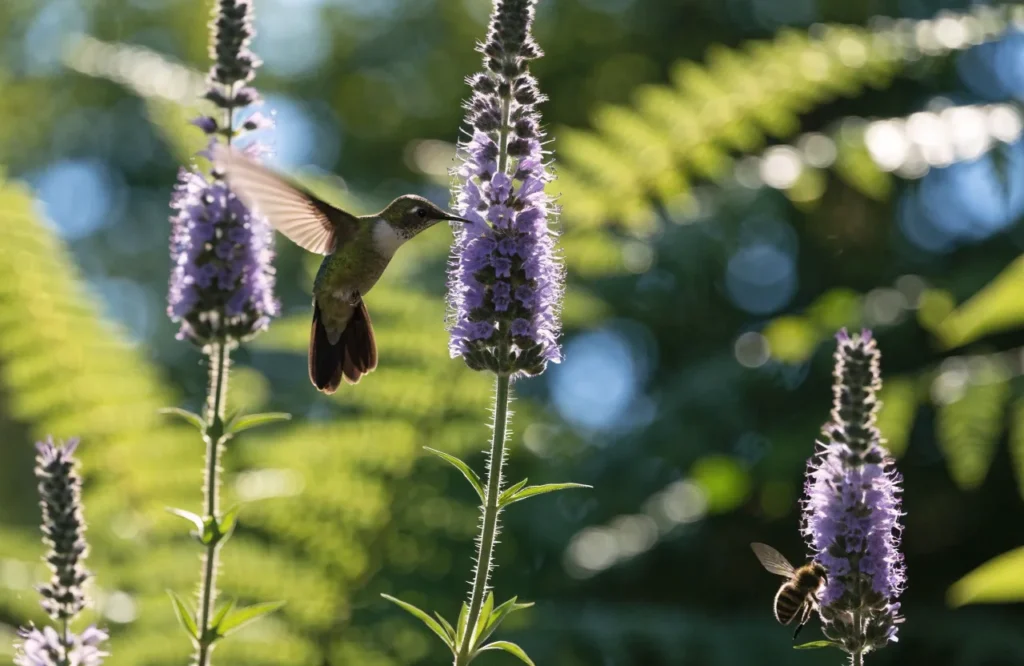 Hummingbird and bee on purple anise hyssop, a top fall flower for pollinators