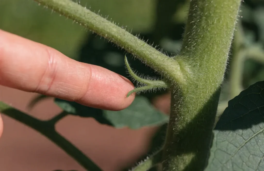 How to Prune Tomato Plants: 7 Simple Steps for Bigger, Healthier Harvests 6 Tomato sucker growing in the joint between stem and leaf branch