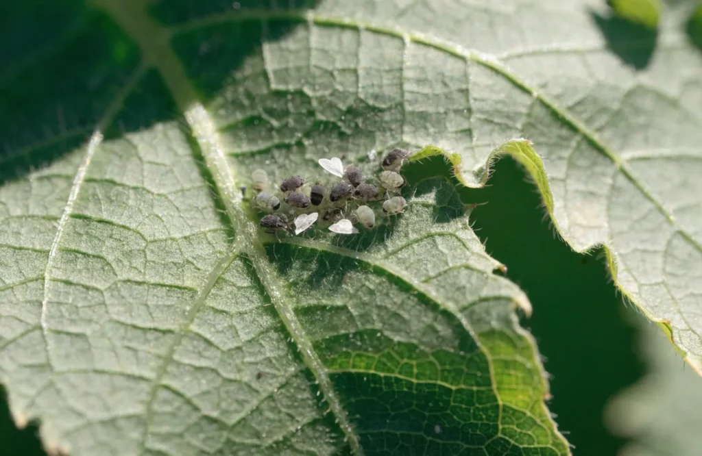 Aphids and whiteflies feeding on the underside of a curled tomato leaf