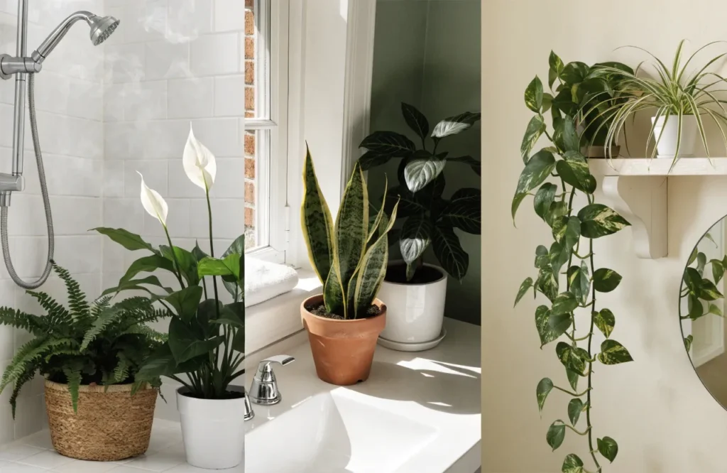 Low Light Bathroom Plants: 12 Best Picks + Complete Care Guide 4 Three bathroom plant groupings shown by humidity level — humid, dry, and trailing varieties.