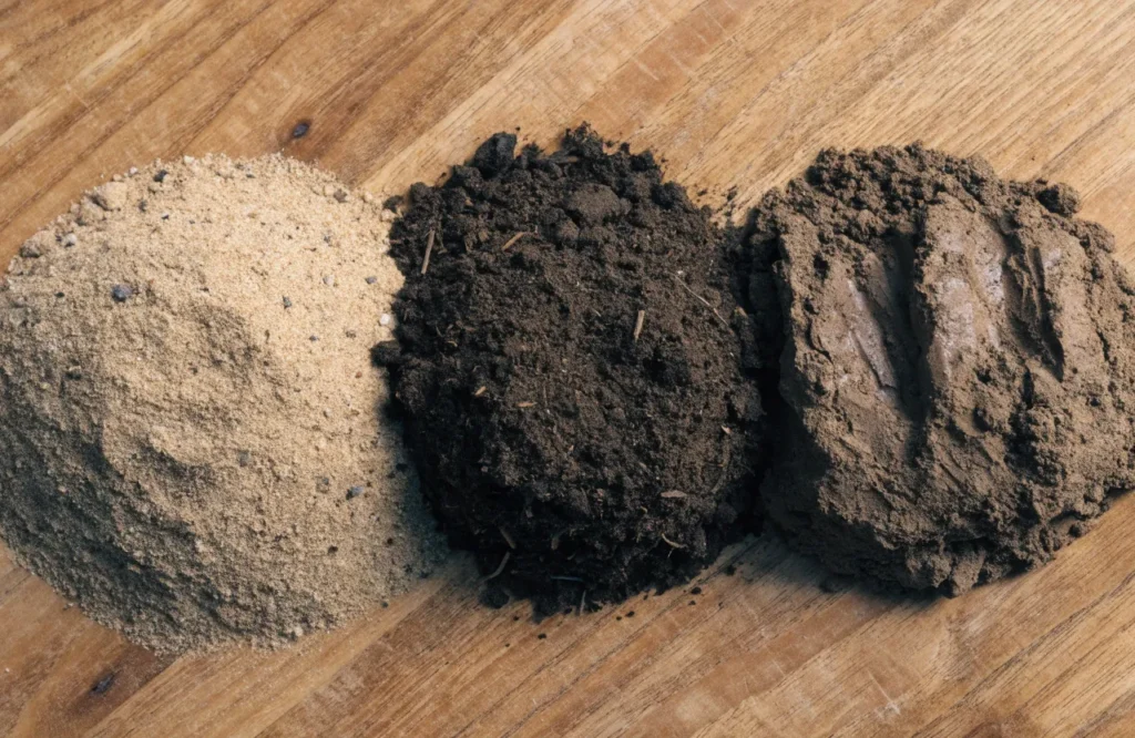 Sandy, loamy, and clay soil compared side by side for tomato growing