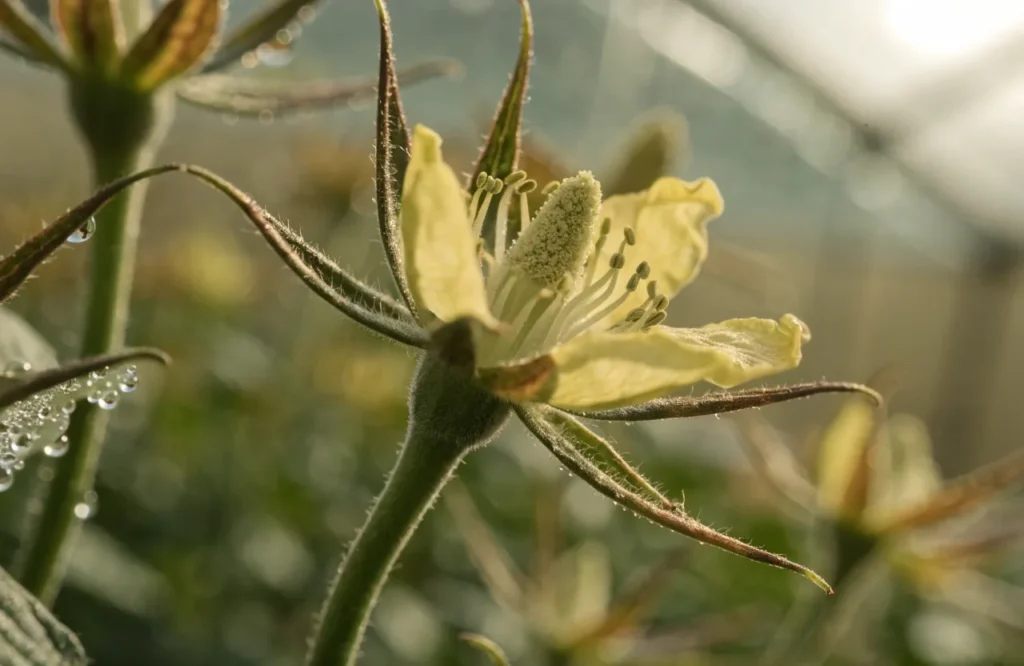 Tomato flower pollen affected by high humidity, preventing successful pollination