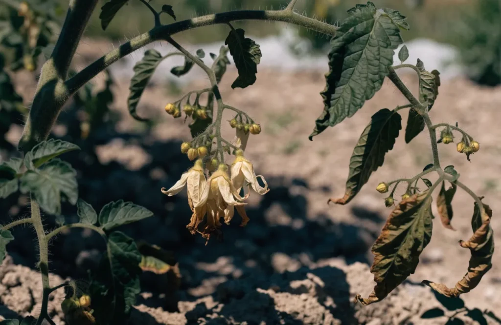 Tomato flowers wilting from heat stress, a common cause of poor fruit set