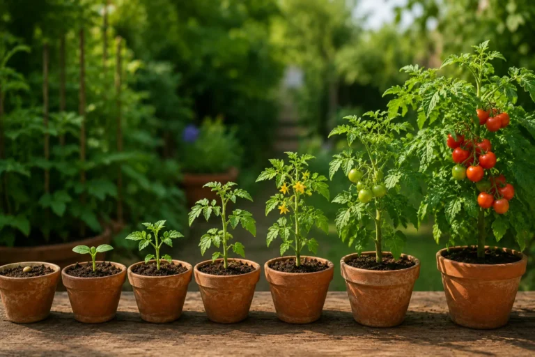 Infographic of the 7 tomato growing stages from seed to harvest