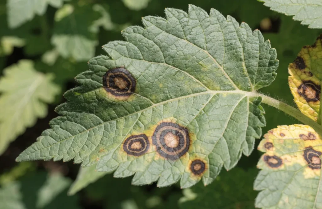 Early blight lesions with target-like rings on a tomato leaf

