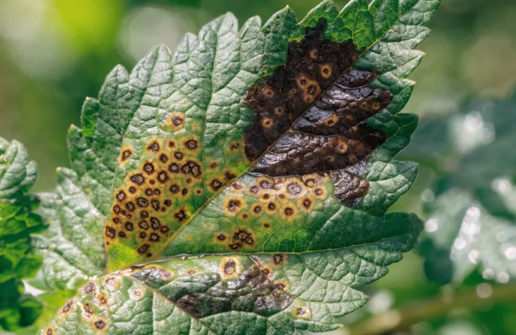 Bacterial spot lesions merging into blighted tomato foliage