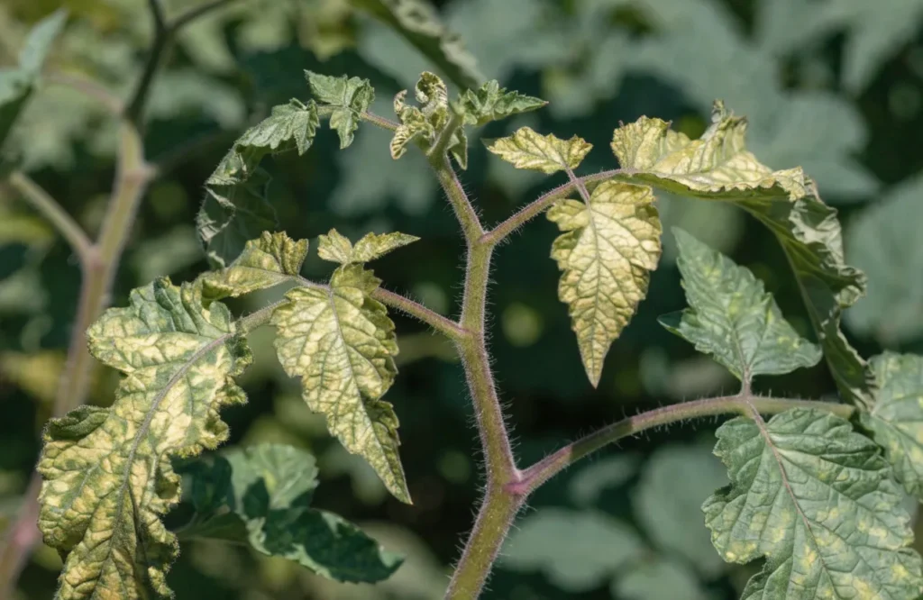 Mottled, distorted leaves caused by tomato mosaic virus