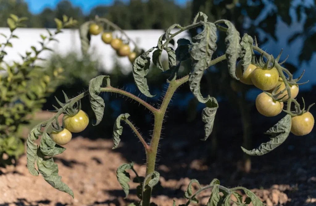 Tomato leaves curling upward from heat stress in a sunny garden