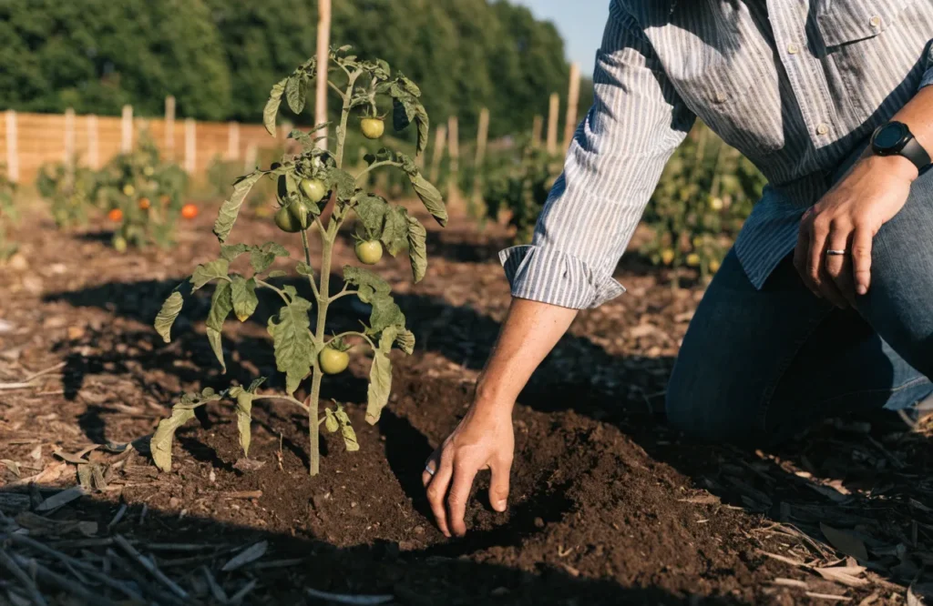 Tomato plant showing curled leaves and afternoon wilting from water stress