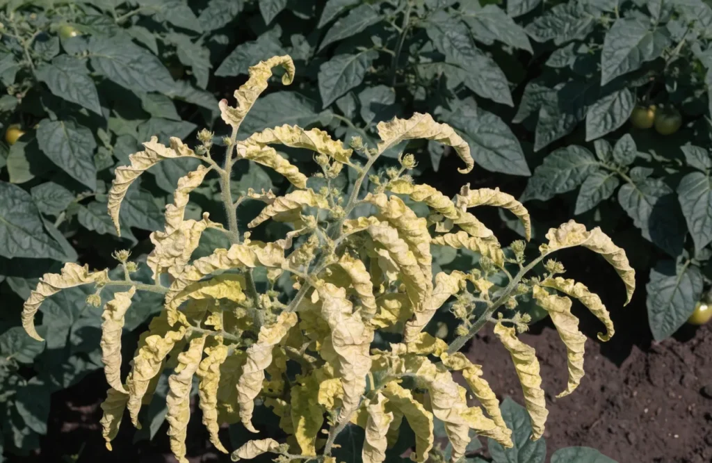 Tomato plant with curled yellowing leaves and stunted growth associated with TYLCV