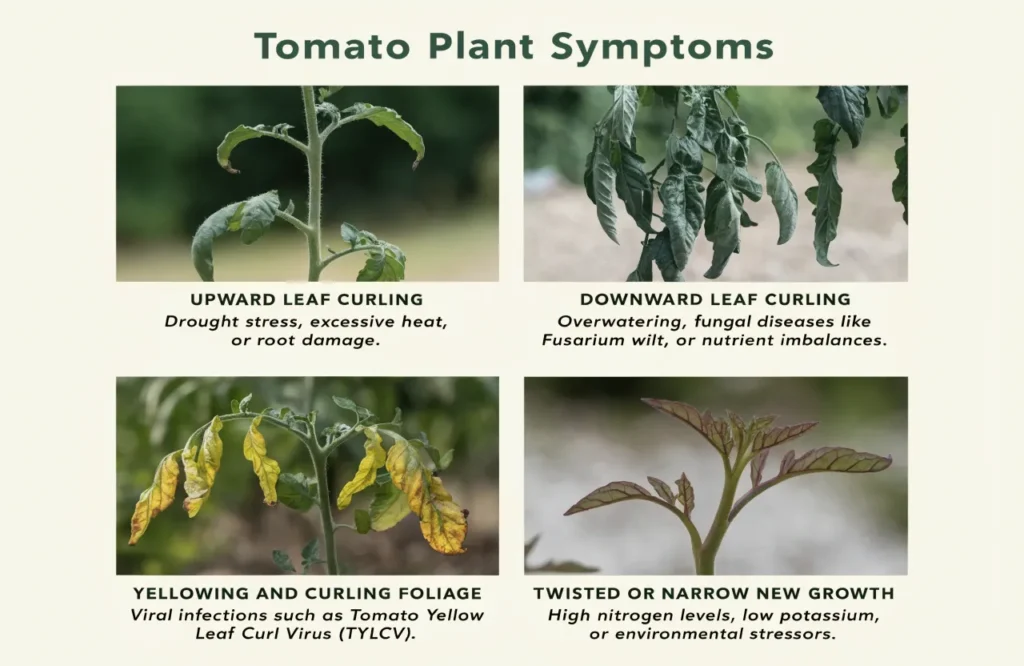 Different tomato leaf curling symptoms including upward, downward, yellowing, and twisted growth
