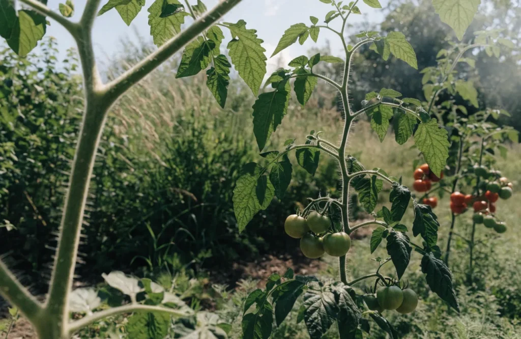 Healthy tomato plants growing in a warm humid garden climate