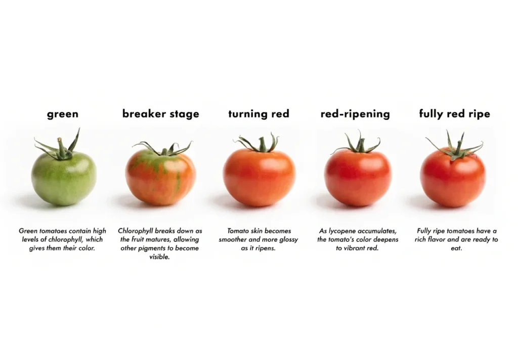 Tomatoes Not Ripening? 6 Reasons Why + How to Ripen Them Faster 2 Tomato ripening stages from green to breaker stage to fully red ripe fruit