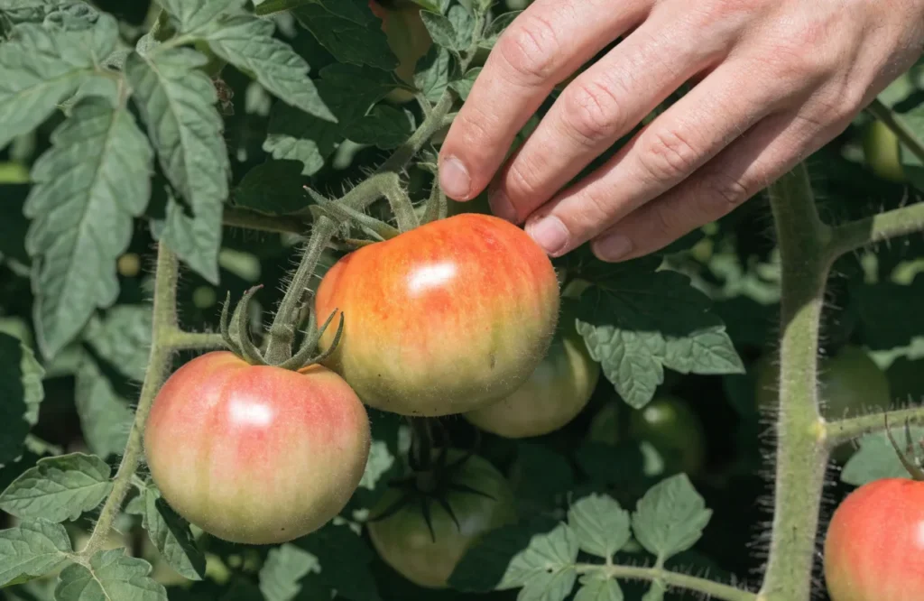 Tomatoes ready to pick at the breaker to pink stage