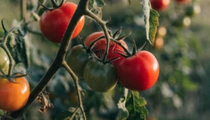Tomatoes Not Ripening? 6 Reasons Why + How to Ripen Them Faster 2 Tomato plant with green and orange tomatoes not ripening next to ripe red fruit on the vine