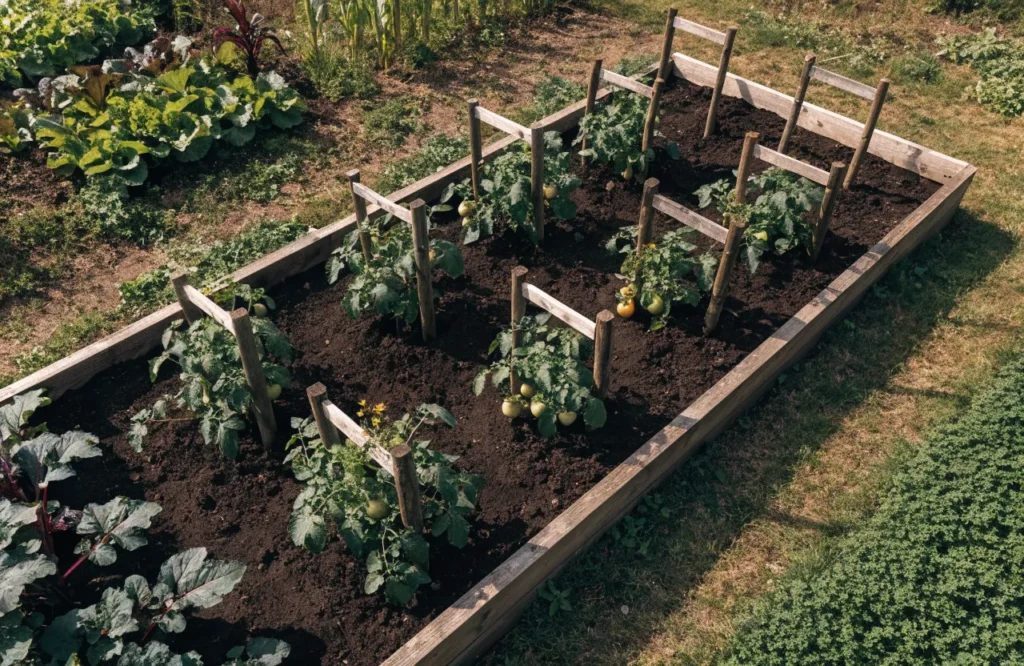 Evenly spaced tomato plants growing in a raised garden bed with room for airflow.