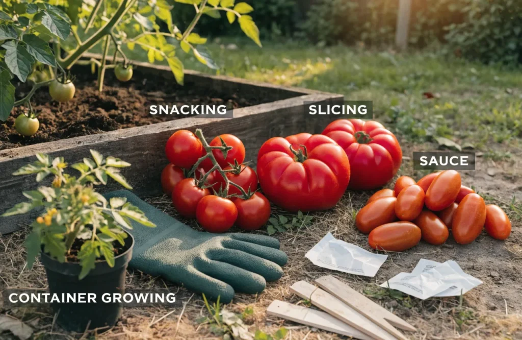 Different tomato types selected for fresh eating, sauce, containers, and home gardening