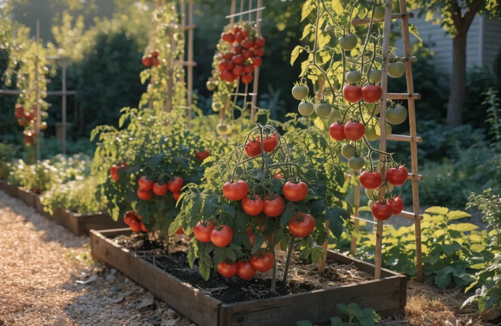 Determinate and indeterminate tomato plants growing together in a garden