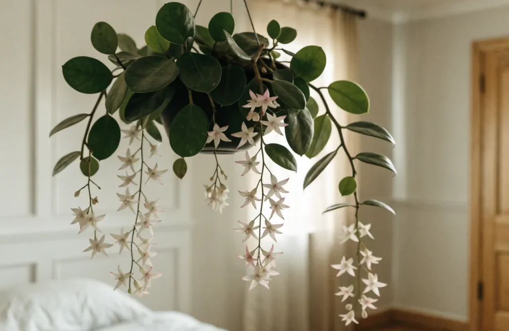 Hoya wax plant with glossy leaves and star-shaped flowers in a bedroom