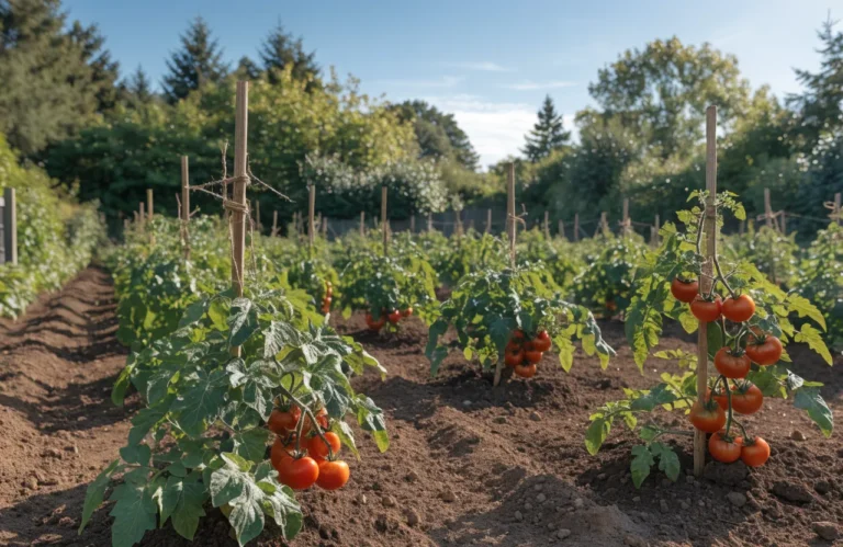 Healthy tomato plants with proper spacing between each plant in a backyard vegetable garden.