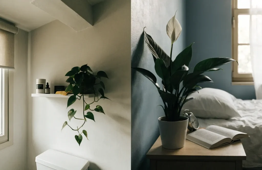 Low light plants styled for a bathroom shelf and a bedroom nightstand