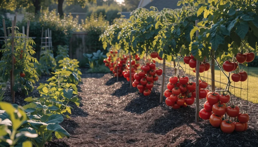 healthy tomato plants with ripe fruit in a mulched garden