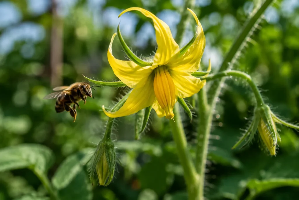 Bee pollinating a yellow tomato flower with visible pollen
