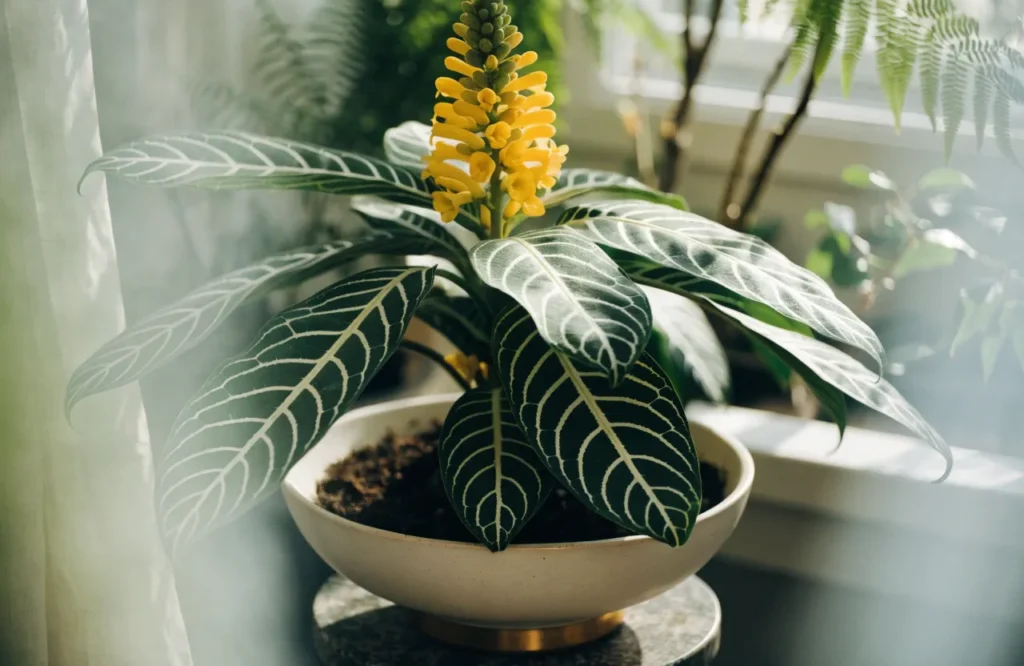 Zebra Plant with yellow flowers and striped leaves indoors