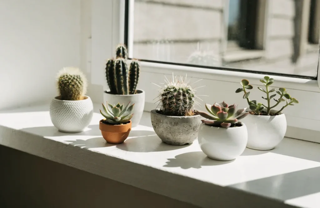 Plants to Bring Indoors Before Frost: 2026 Guide 5 Succulents and cacti arranged on a bright windowsill before frost