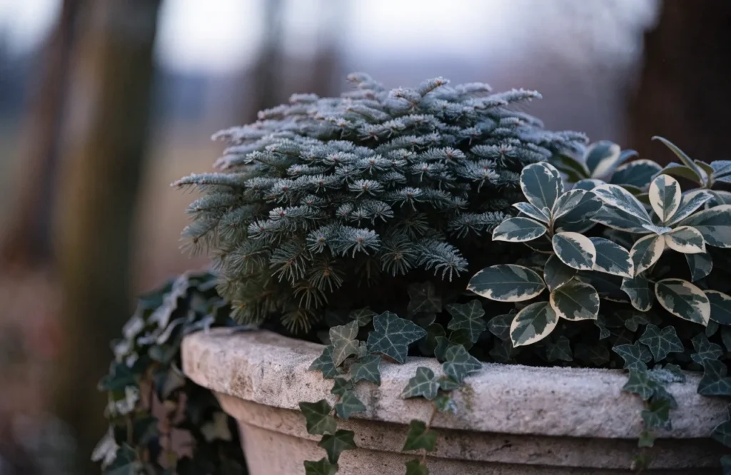 Evergreen winter container with dwarf conifer and false holly