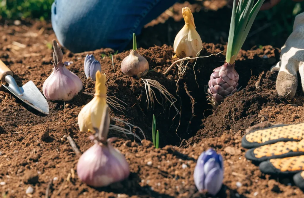 Gardener planting spring flowering bulbs in the garden during fall