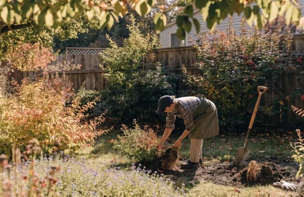 Dividing perennials and planting shrubs during fall garden preparation.