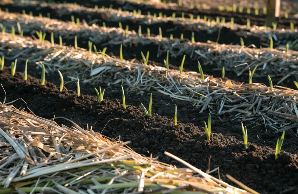 15 Best Fall Vegetables to Grow in September (Plus a Planting Calendar) 19 Garlic cloves planted in rows with young shoots emerging in fall