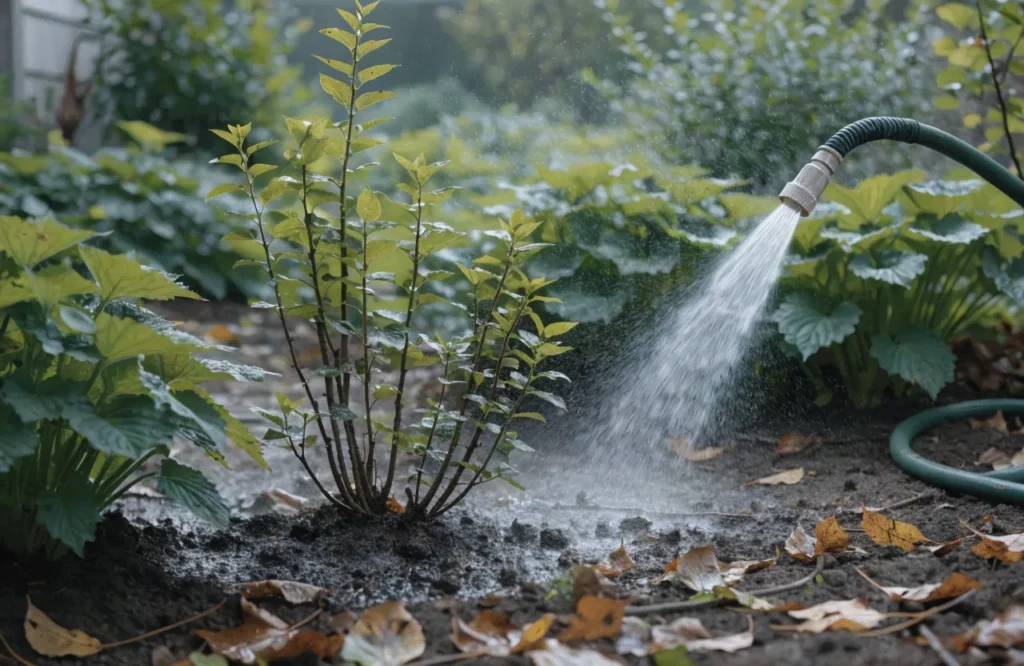Watering garden plants in fall while checking soil moisture