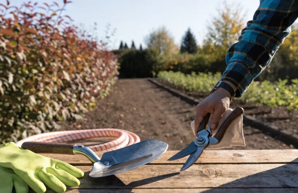 Cleaning tools and draining hoses to prepare garden for fall and winter.