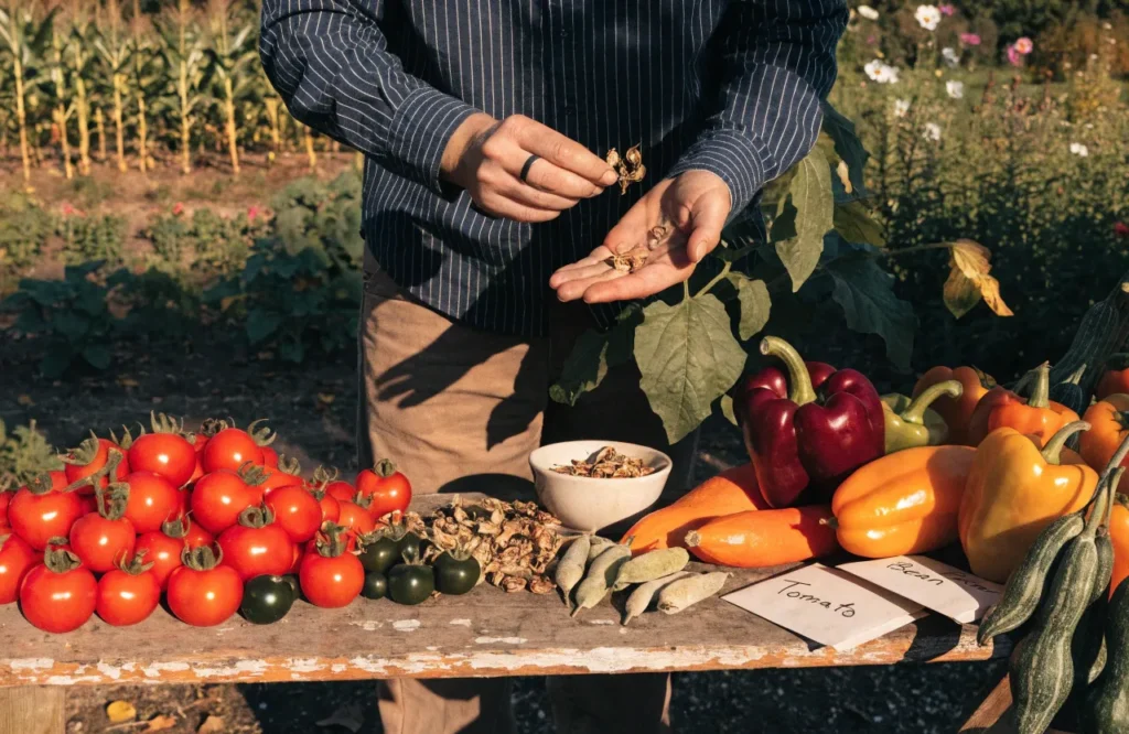 Harvesting vegetables and saving seeds to prepare garden for fall.