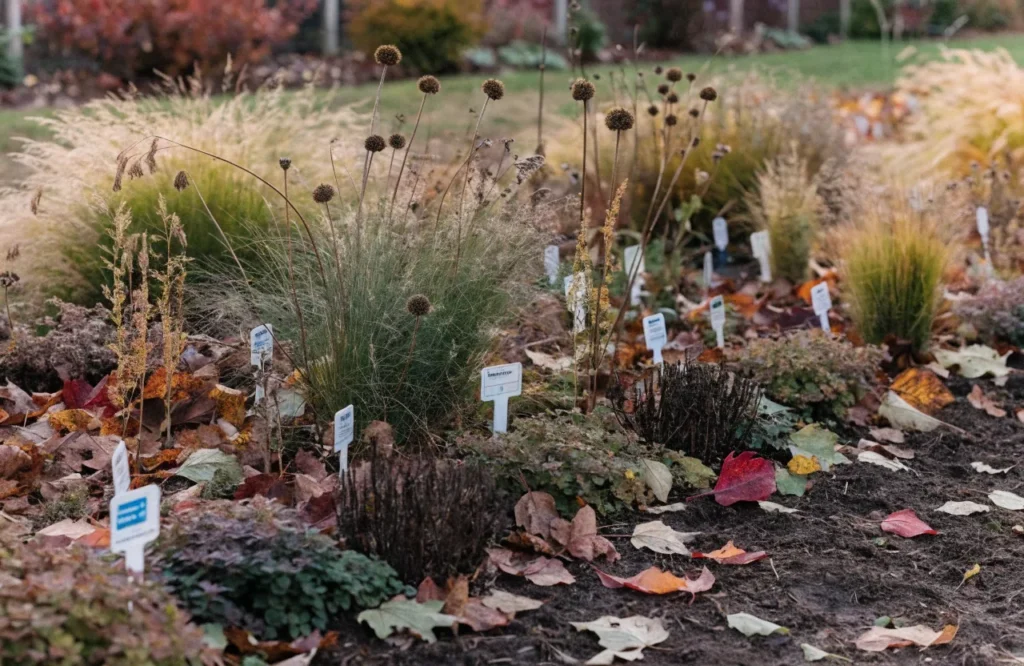 Plant labels marking perennials and bulbs before winter