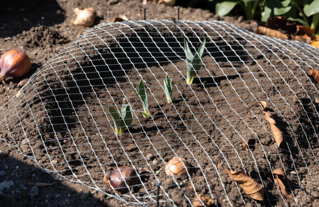 protecting spring bulbs from squirrels with garden mesh