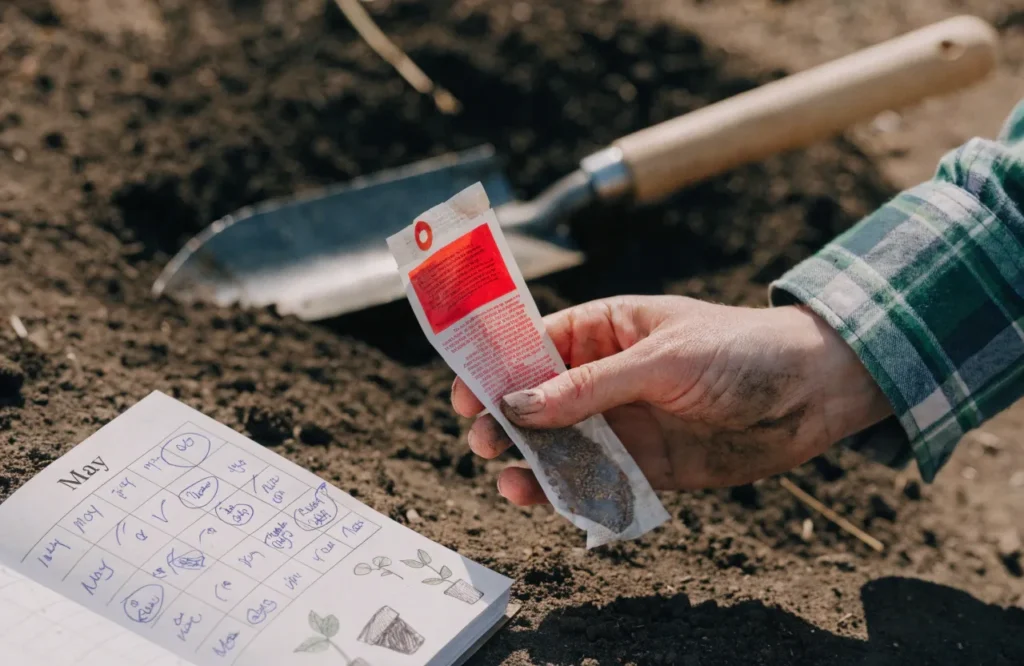 15 Best Fall Vegetables to Grow in September (Plus a Planting Calendar) 2 Gardener checking seed packet against fall planting calendar